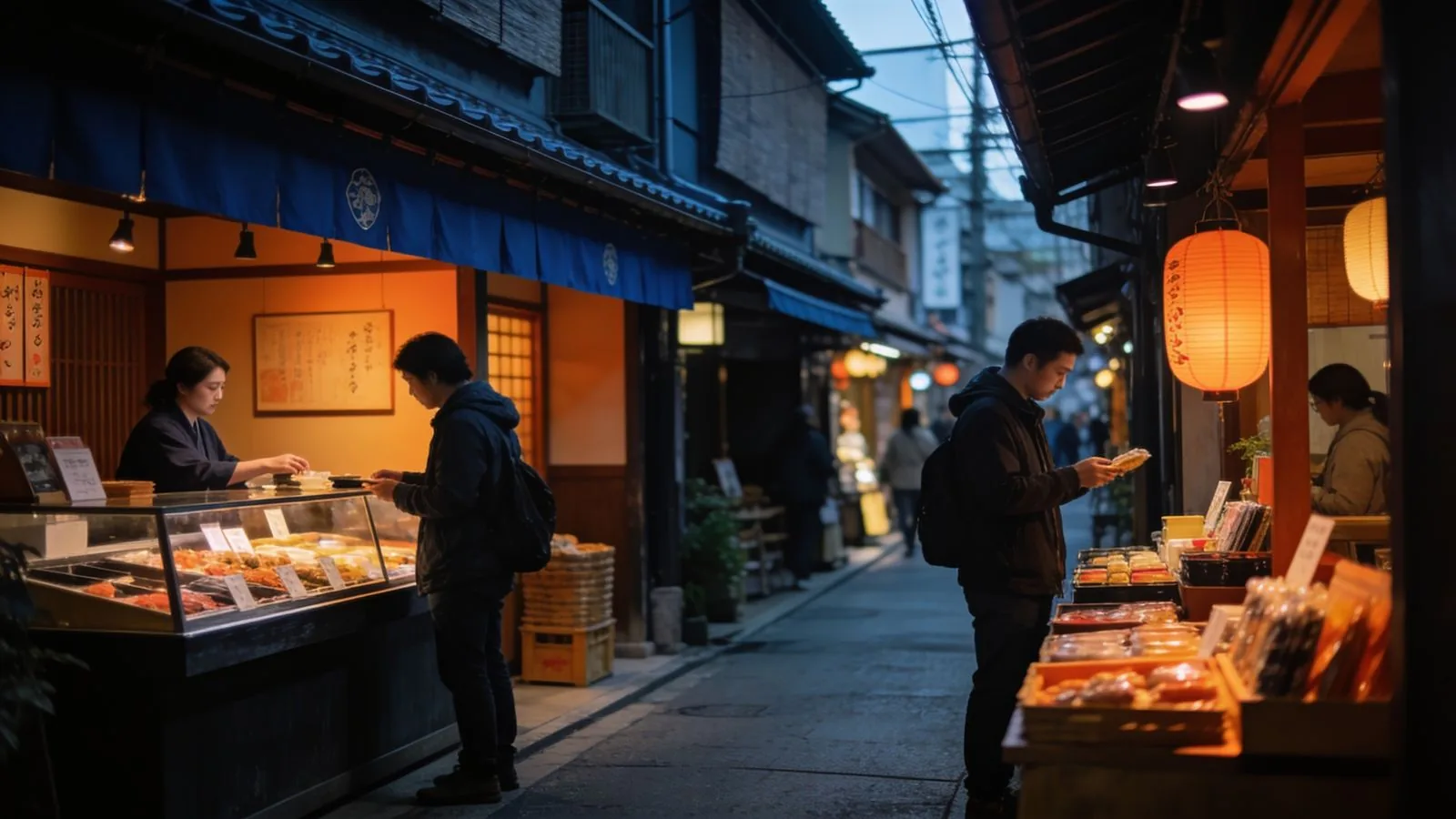 日本の伝統的な商店街で商いをする人々